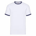 Product SS168 by Fruit of the Loom is a white short-sleeve t-shirt featuring dark blue trim on the collar and sleeve edges, showcased against a white background.