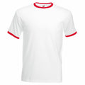 The SS168 by Fruit of the Loom is a white t-shirt featuring red trim on the collar and sleeves.