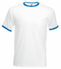 The SS168 T-shirt by Fruit of the Loom features a simple white design with blue trim on the collar and sleeves.