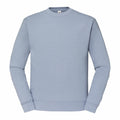 The SS200 from Fruit of the Loom is a light blue long-sleeve crewneck sweatshirt featuring a simple, plain design. The garment is displayed flat, highlighting its full front view with neatly folded sleeves.