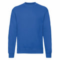 A Fruit of the Loom SS200, a plain blue crewneck sweatshirt with long sleeves, is displayed against a white background. The fabric looks soft and comfortable, ideal for casual wear.