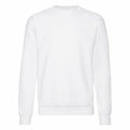 The Fruit of the Loom SS200 is a plain white crew neck sweatshirt featuring long sleeves, showcased against a white background. The fabric looks soft and comfortable, making it ideal for casual wear.