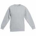 The Fruit of the Loom SS201 is a plain gray crew neck long-sleeve sweatshirt, shown against a white background. It features ribbed cuffs and a ribbed waistband.