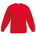 A solid red SS201 crewneck sweatshirt by Fruit of the Loom, featuring long sleeves and a clean design with no visible logos or patterns, set against a white backdrop.
