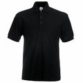 The SS204 by Fruit of the Loom is a plain black polo shirt with short sleeves, a collar, and a three-button placket.