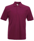 The Fruit of the Loom SS204 is a simple maroon polo shirt featuring a collar and three buttons.