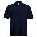 The Fruit of the Loom SS204 is a plain dark blue polo shirt featuring short sleeves and three front buttons. It includes a classic collar and seems to be crafted from soft fabric.
