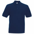 Fruit of the Loom's SS204 is a dark blue polo shirt with short sleeves and a collar, featuring a button placket. The shirt is displayed on a plain white background.