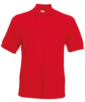 A Fruit of the Loom polo shirt in a solid red color, featuring a collar and short sleeves, identified by product code SS204 and displayed on a white background.