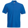 The Fruit of the Loom SS204 is a basic blue polo shirt featuring a collar and three buttons.