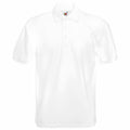 The Fruit of the Loom SS204 is a plain white polo shirt featuring short sleeves, a collar, and a three-button placket, all displayed against a white background.