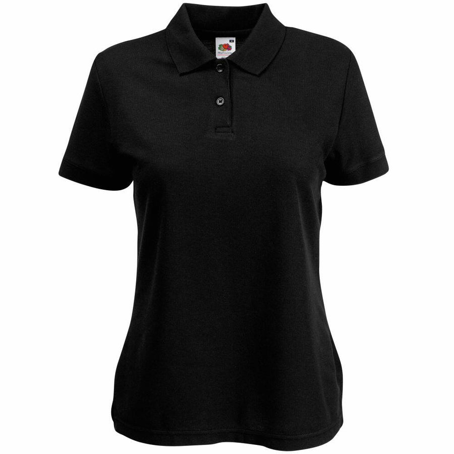 Fruit of the Loom's SS212 is a black polo shirt that includes short sleeves, a collar, and three buttons on the front.