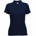 The product, named SS212 by Fruit of the Loom, is a navy blue women's polo shirt featuring short sleeves and a classic collar. The shirt includes a buttoned placket with three buttons and is displayed on a white background.