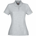 The SS212 by Fruit of the Loom is a women's polo shirt in a light gray color, featuring a collar, short sleeves, and a three-button placket. It is crafted from soft, slightly textured fabric for added comfort.