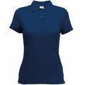 The Fruit of the Loom SS212 shirt is a navy blue polo featuring short sleeves, a collar, and a three-button placket, all presented against a plain white background.