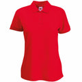 The SS212 by Fruit of the Loom is a vibrant red polo shirt with short sleeves and a collar. It includes a buttoned neckline and is showcased against a plain white background.
