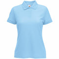 Fruit of the Loom's SS212 short-sleeve polo shirt in light blue, featuring a three-button collar, is displayed on a plain white background.