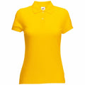 The Fruit of the Loom SS212 is a vibrant yellow polo shirt featuring short sleeves, a collar, and three buttons.