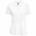 The SS212 by Fruit of the Loom is a plain white polo shirt featuring short sleeves and a collar. It has a buttoned placket and lacks any visible logos or designs. The fabric looks smooth, suggesting it is made of cotton or a similar material.