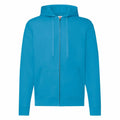 Fruit of the Loom's SS222 blue zip-up hoodie features drawstrings and front pockets, displayed on a plain background.