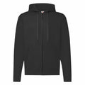 Fruit of the Loom's SS222 is a black zip-up hoodie featuring a front pocket and drawstrings on the hood.
