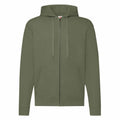 The Fruit of the Loom SS222 is an olive green hoodie that features a full-length zipper, drawstring hood, and convenient front pockets. The garment is displayed laid flat against a white background, showcasing its simple and casual design.