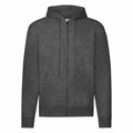 The Fruit of the Loom SS222 is a charcoal gray zip-up hoodie featuring a hood with drawstrings, shown against a white background. It includes long sleeves and a front zipper design.