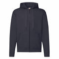 The "SS222" by Fruit of the Loom is a plain black zip-up hoodie featuring a drawstring hood and front pockets, showcased against a white background.