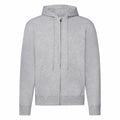 A plain gray zip-up hoodie from Fruit of the Loom, product name SS222, is displayed against a white background. The hoodie features long sleeves, a hood with drawstrings, and a front pocket on each side.