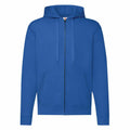 The Fruit of the Loom SS222 is a plain blue zip-up hoodie featuring drawstrings and front pockets, showcased against a white background.
