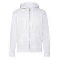 The Fruit of the Loom SS222 is a plain white hooded sweatshirt featuring a full-length front zipper and two pockets, complete with a drawstring hood, showcased against a white background.