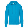 A plain turquoise hoodie by Fruit of the Loom, featuring a front pocket and drawstring hood, model SS224.