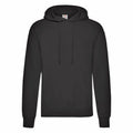 The Fruit of the Loom SS224 is a plain black hooded sweatshirt featuring a front pocket and drawstrings.