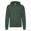 The SS224 from Fruit of the Loom is a dark green hoodie featuring a front pocket and drawstrings.