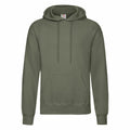 Introducing the Fruit of the Loom SS224, a plain olive green hoodie with a front pocket and adjustable drawstrings on the hood. The fabric is soft and comfortable, making it ideal for casual wear.