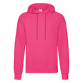 The SS224, a vibrant pink hoodie from Fruit of the Loom, features a front pocket and drawstring hood, showcased against a white background.