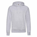 The SS224 hoodie from Fruit of the Loom, featuring a plain gray design with a front pocket and drawstring hood, is displayed against a white background. This comfortable piece includes long sleeves and offers a relaxed fit.