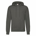 The SS224 hoodie by Fruit of the Loom is an olive green piece featuring long sleeves and a front kangaroo pocket. It includes an adjustable drawstring on the hood, along with a ribbed waistband and cuffs.