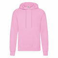 The SS224, a plain pink hoodie by Fruit of the Loom, features a front pocket and drawstrings. It is showcased against a white background.