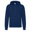 The Fruit of the Loom SS224, a plain navy blue hoodie with a front pouch pocket and an adjustable drawstring hood, is displayed against a white background.