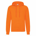 The SS224 bright orange hooded sweatshirt by Fruit of the Loom features a front pocket and drawstrings. Its vibrant color is highlighted against a white background.
