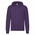 A Fruit of the Loom SS224 hoodie in plain purple, featuring a front pocket and drawstring hood, is displayed against a white background. The design is simple and casual, making it perfect for everyday wear.