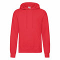 Fruit of the Loom's SS224, a red hoodie featuring a front pouch pocket and drawstring hood, is displayed against a plain white background.