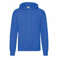 The SS224 hoodie by Fruit of the Loom is a plain blue garment, featuring a front pocket and a drawstring hood, showcased against a white background.