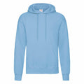 A Fruit of the Loom SS224 hoodie in light blue features a front pocket and adjustable drawstrings, showcased against a plain white background.