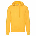 Introducing the SS224 by Fruit of the Loom: a vibrant yellow hooded sweatshirt featuring long sleeves and a convenient front pocket, complete with a drawstring for the hood. The sweatshirt is elegantly displayed against a simple white background.