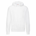The Fruit of the Loom SS224 hoodie is showcased, featuring a simple design with long sleeves, drawstrings on the hood, and a front pocket. The background is plain white, accentuating the garment.