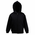 Fruit of the Loom SS225 black zip-up hoodie, featuring front pockets and a hood, showcased on a plain white background.