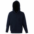 Fruit of the Loom's SS225 is a navy blue hooded sweatshirt featuring a full zipper and two front pockets.