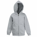 The Fruit of the Loom SS225 is a light gray, full-zip hoodie that includes a hood and long sleeves. It features a front zipper and two pockets, displayed against a plain white background. This hoodie is ideal for casual wear.